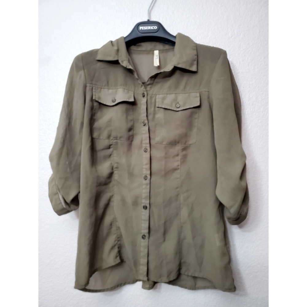Women's Olive Green Sheer‎ Button Front Blouse Utility Shirt Roll Tab Sleeves L
